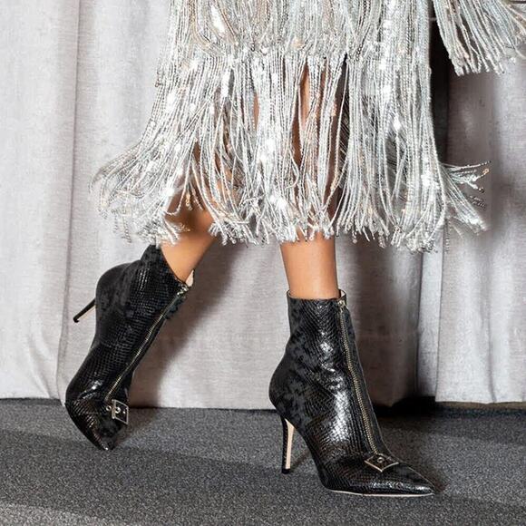 Black Suede Studio Imane Stiletto Bootie Black Python 7 Leather $395 NEW! - Picture 1 of 6